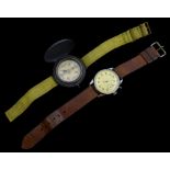 WWII military wrist compass on fabric strap and a wrist stopwatch on brown leather strap (2)