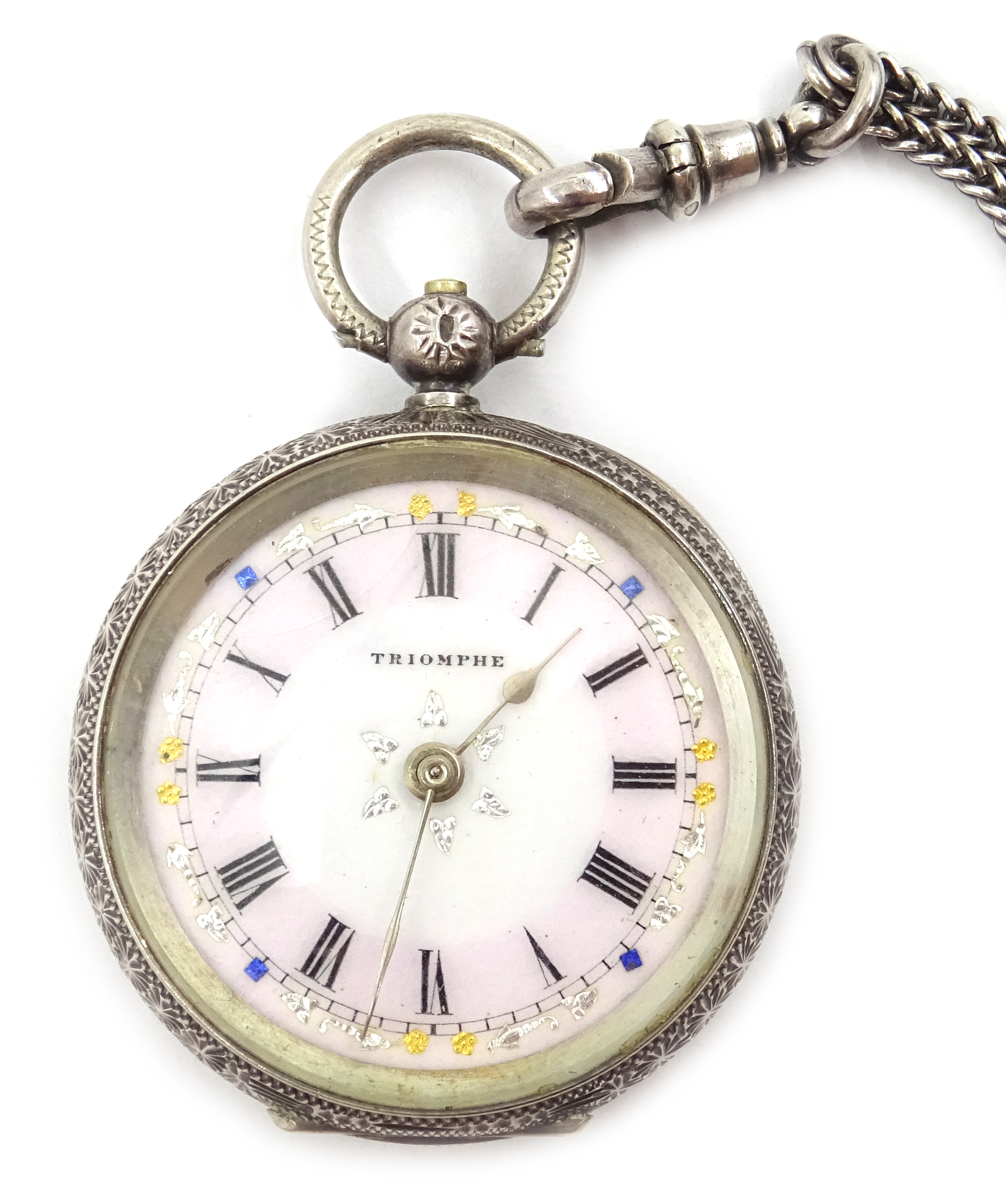 Continental silver 'Triomphe' fob watch, stamped 935 and silver watch chain with stone set fobs, - Image 2 of 4