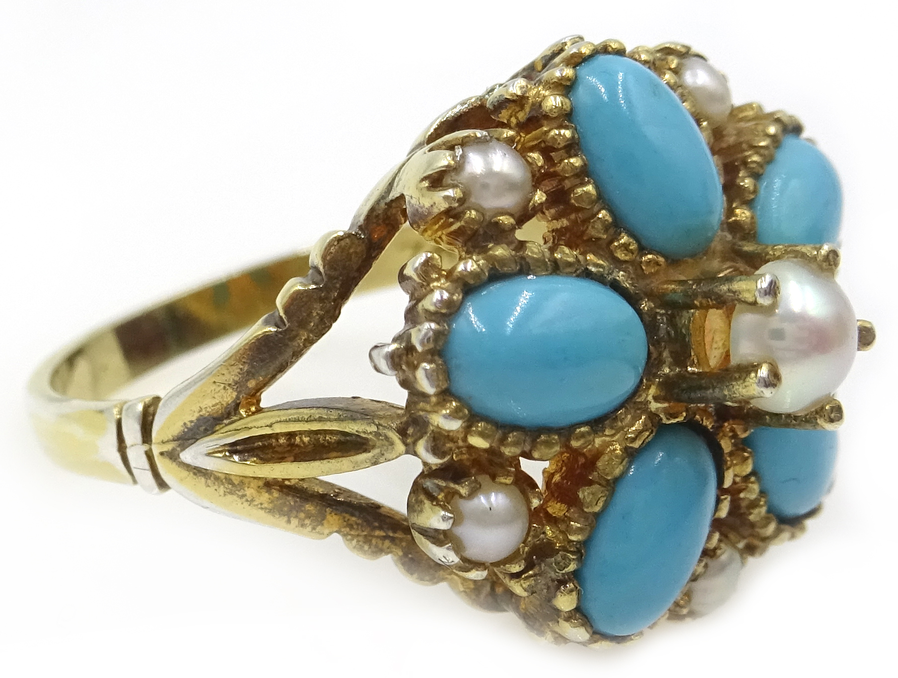 Silver-gilt turquoise and pearl flower ring,