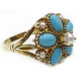 Silver-gilt turquoise and pearl flower ring,