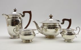 Silver four piece tea set of circular design with bead edge decoration,