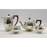 Silver four piece tea set of circular design with bead edge decoration,