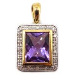 9ct gold amethyst and diamond pendant,