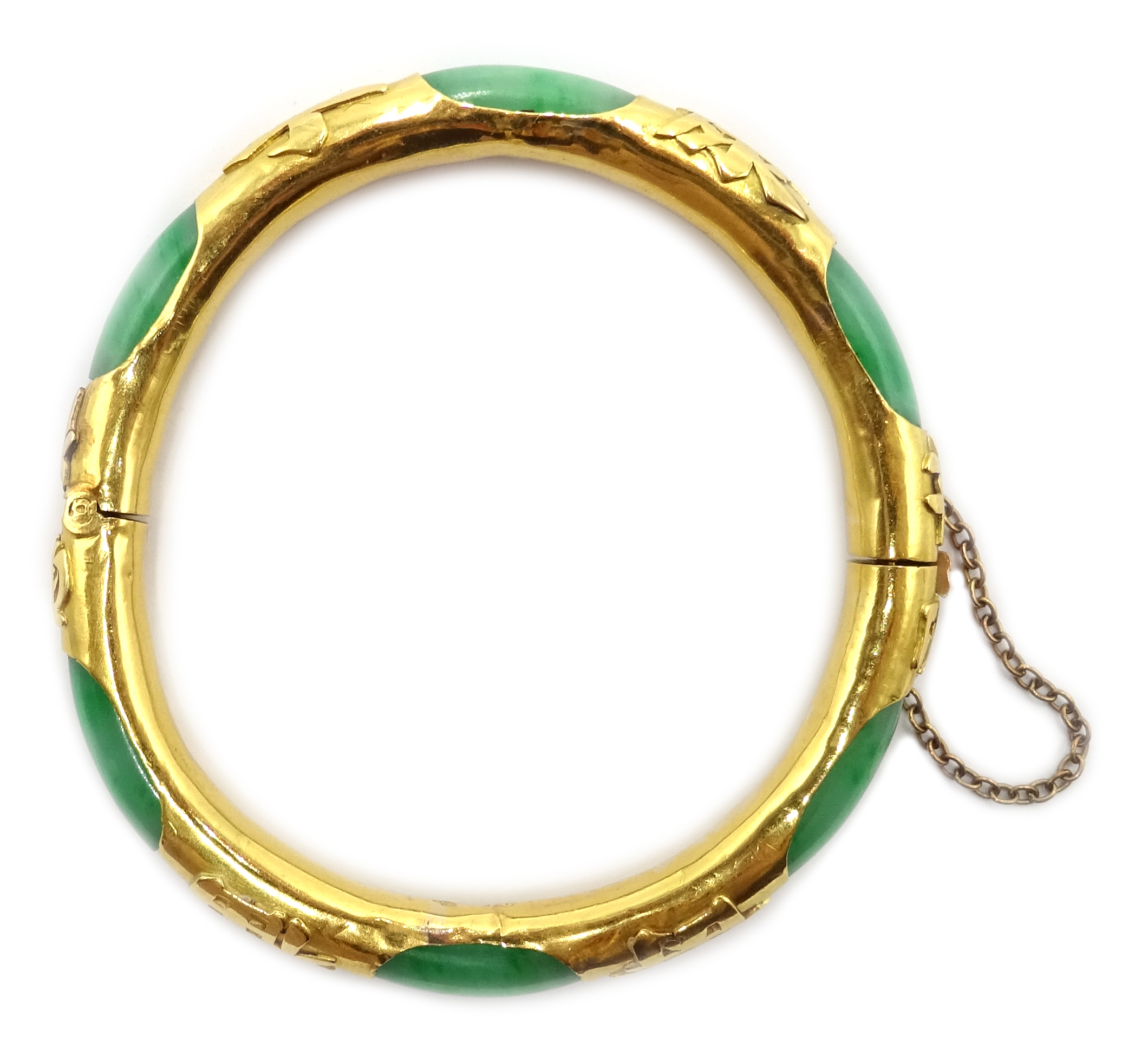 19th century Chinese gold and jade hinged bangle, - Image 2 of 2