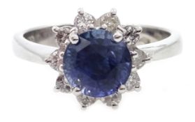 18ct white gold sapphire and diamond cluster ring, hallmarked, sapphire approx 2.