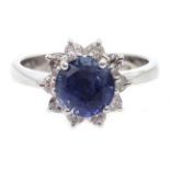 18ct white gold sapphire and diamond cluster ring, hallmarked, sapphire approx 2.