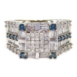 14ct white gold blue and white diamond square cluster ring, with tapering diamond set shoulders,