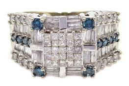 14ct white gold blue and white diamond square cluster ring, with tapering diamond set shoulders,