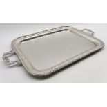 Silver plated oblong 2 handled tray with gadrooned edge and shell moulded handles 56cm x 42cm