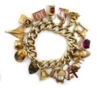 Heavy 9ct gold curb heart locket bracelet, with sixteen 9ct charms, including concord,