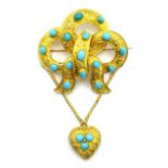 Victorian 18ct gold (tested) turquoise bow and heart design picture back brooch Condition