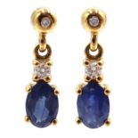 Pair of 9ct gold sapphire and diamond pendant earrings,