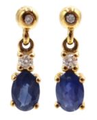 Pair of 9ct gold sapphire and diamond pendant earrings,