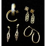 Pair of 9ct gold Mackintosh design earrings, two pairs of 9ct gold hoop earrings and one other pair,