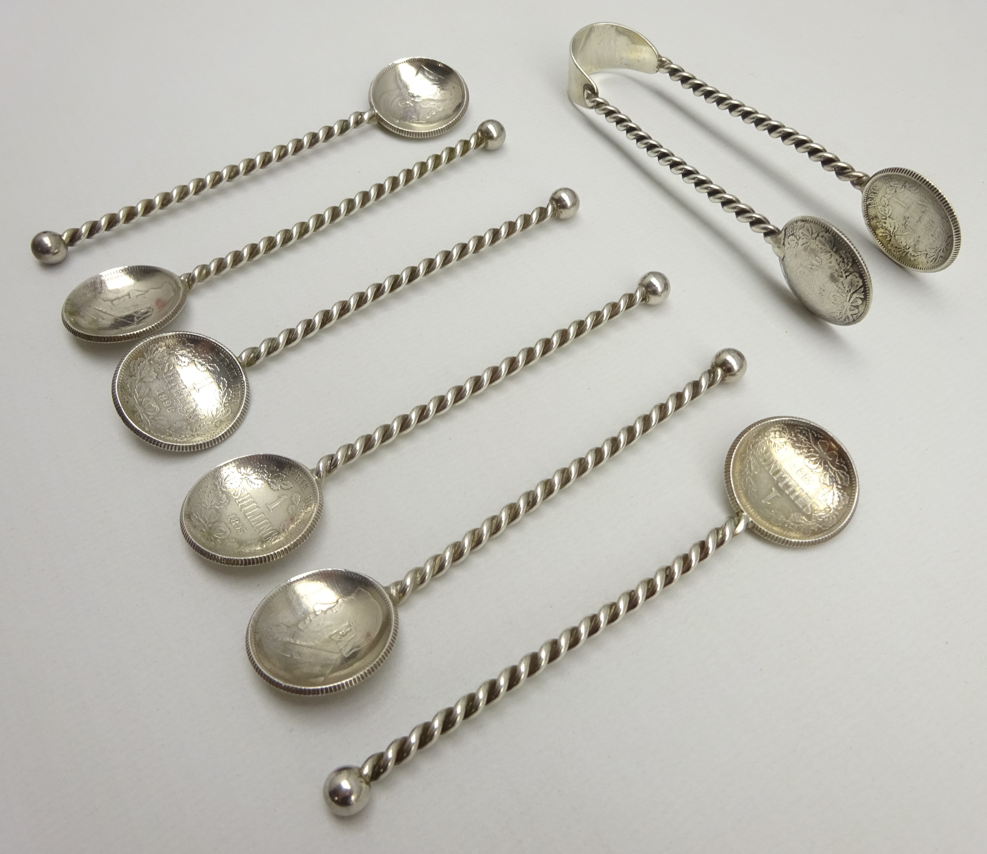 Set of six Boer war silver spoons with shilling coin bowls,