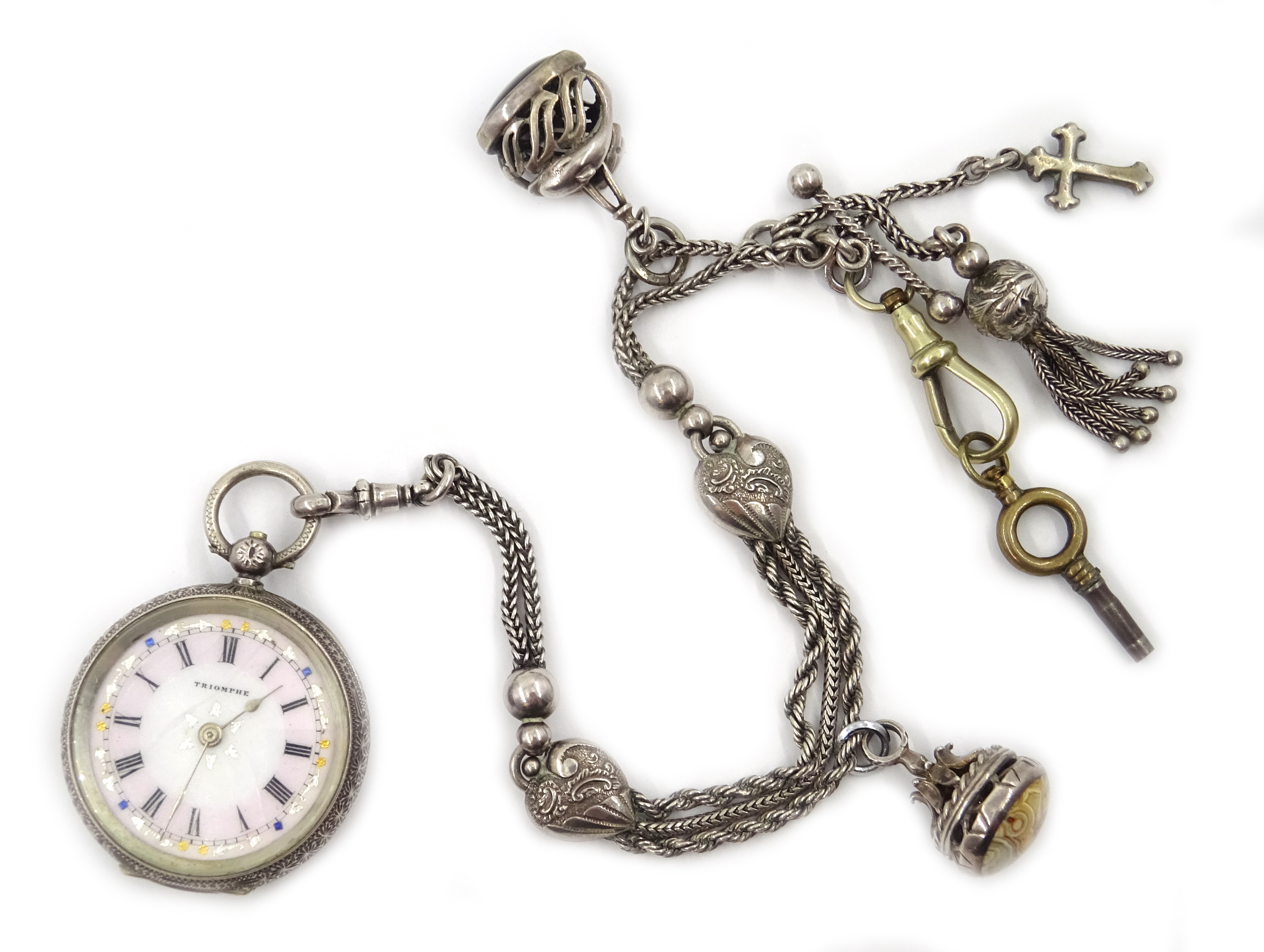 Continental silver 'Triomphe' fob watch, stamped 935 and silver watch chain with stone set fobs,