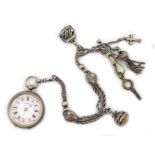 Continental silver 'Triomphe' fob watch, stamped 935 and silver watch chain with stone set fobs,