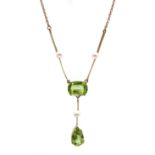 Edwardian gold peridot and pearl pendant necklace,