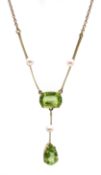 Edwardian gold peridot and pearl pendant necklace,