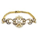 Edwardian gold pearl, split pearl and diamond bracelet,