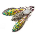 Silver plique-a-jour, marcasite and stone set bug pendant/brooch,