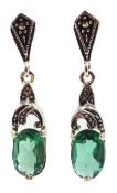 Pair of silver green tourmaline and marcasite pendant earrings,