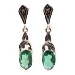 Pair of silver green tourmaline and marcasite pendant earrings,