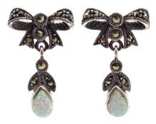 Pair of silver opal and marcasite pendant bow earrings,