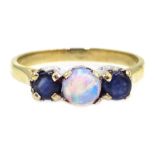 9ct gold three stone sapphire and opal ring,