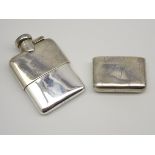 Small silver hip flask with screw off cover engraved with initials 11cm x 7cm Birmingham 1939 Maker