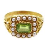 Silver-gilt peridot and seed pearl ring,