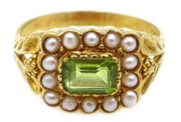 Silver-gilt peridot and seed pearl ring,