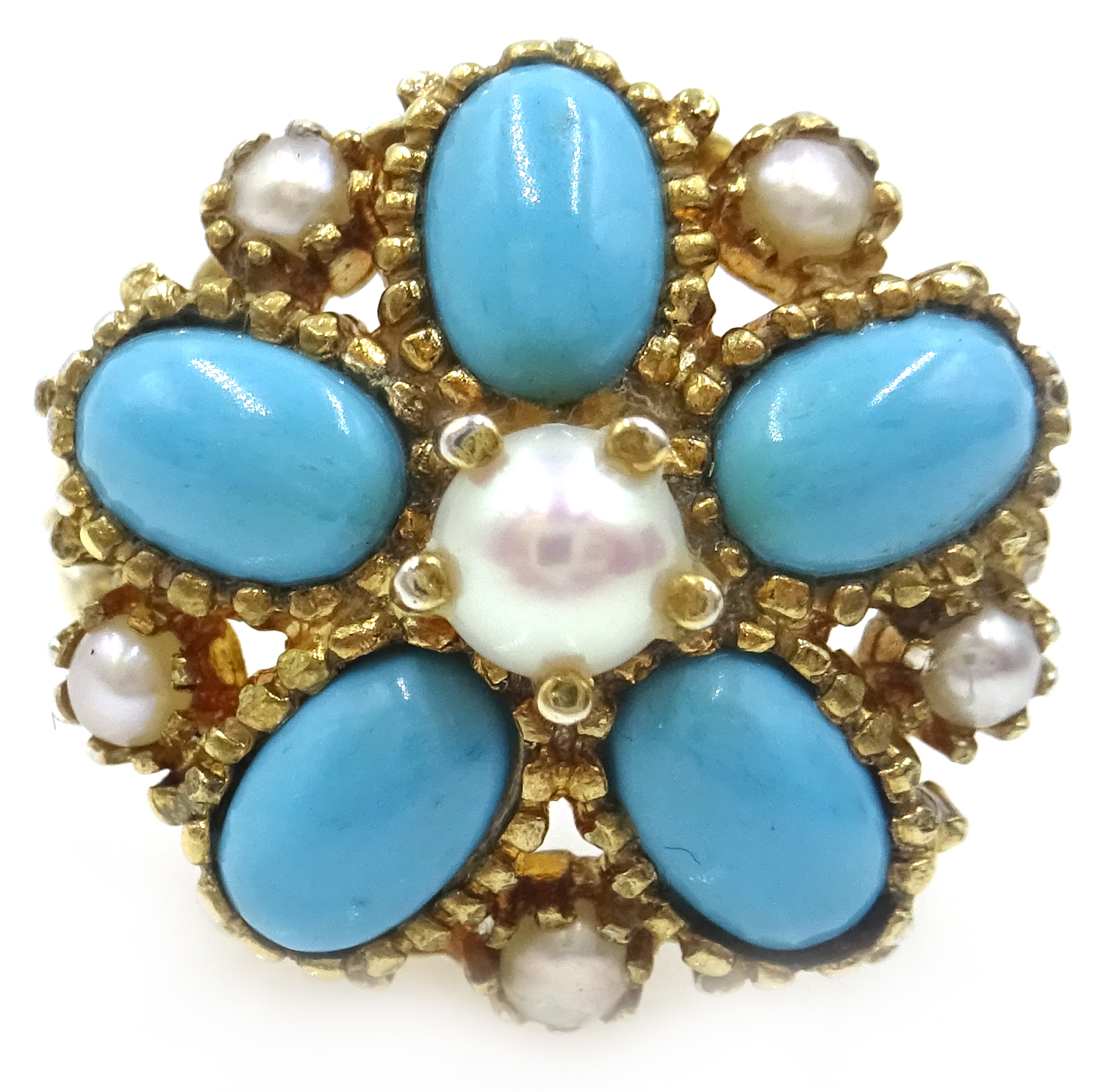 Silver-gilt turquoise and pearl flower ring, - Image 2 of 4