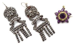 Pair of Georgian steel pendant earrings and a Georgian gold amethyst pendant brooch