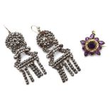 Pair of Georgian steel pendant earrings and a Georgian gold amethyst pendant brooch