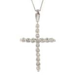 Platinum diamond set crucifix pendant, stamped 950, on 18ct white gold chain,