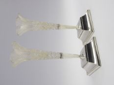 Pair of cut glass trumpet shape vases in silver stands with stepped square bases H20cm Sheffield
