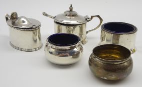 Silver oval mustard pot with blue glass liner Chester 1917, silver circular mustard pot,