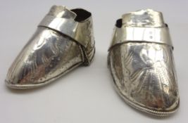 Pair of 19th Century Continental miniature silver shoes with engraved decoration L7cm originally