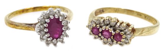 Two 9ct gold ruby and diamond cluster rings,