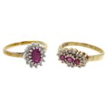 Two 9ct gold ruby and diamond cluster rings,