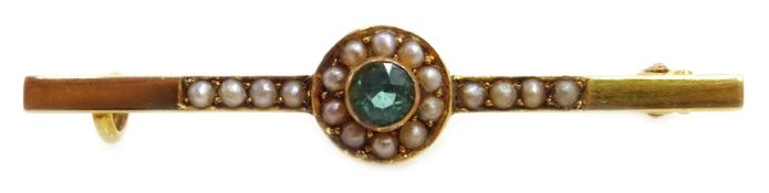 Edwardian gold split seed pearl and emerald bar brooch,