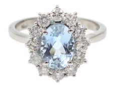 18ct white gold aquamarine and diamond cluster ring, hallmarked, aquamarine approx 1.