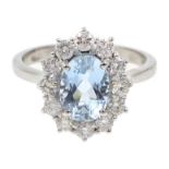 18ct white gold aquamarine and diamond cluster ring, hallmarked, aquamarine approx 1.