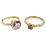 Gold round rim set amethyst and diamond butterfly ring and gold fancy cognac colour diamond