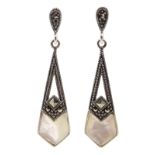 Pair of silver mother of pearl and marcasite pendant earrings,