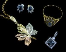 White gold white and black diamond square pendant, pair of gold stone set cluster earrings,