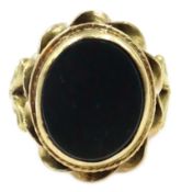 9ct gold oval bloodstone ring with scroll decoration,