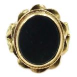 9ct gold oval bloodstone ring with scroll decoration,