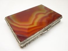 Continental silver and orange banded agate rectangular box with hinged lid and gilded interior,